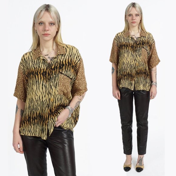 VINTAGE Cache Cheetah Leopard Print Cropped Button Down Blouse - Picture 1 of 3
